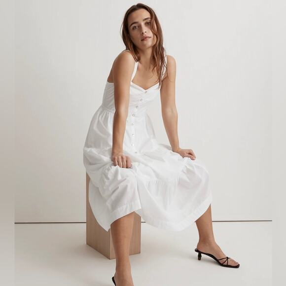 Madewell NWT Eyelet White Button-Front Sleeveless Tiered Midi Dress Size 8 - Picture 4 of 10